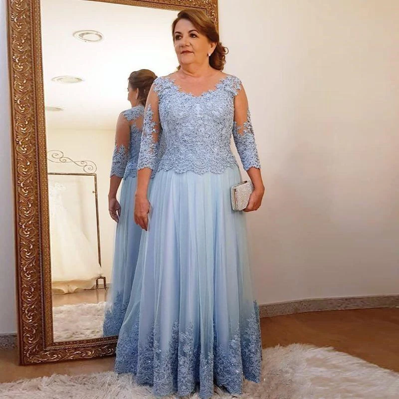 Gaun Ibu dari Pengantin Ukuran Plus untuk Pesta Pernikahan Renda Biru Muda Tulle 3/4 Lengan Panjang Gaun Prom Malam Formal Wanita