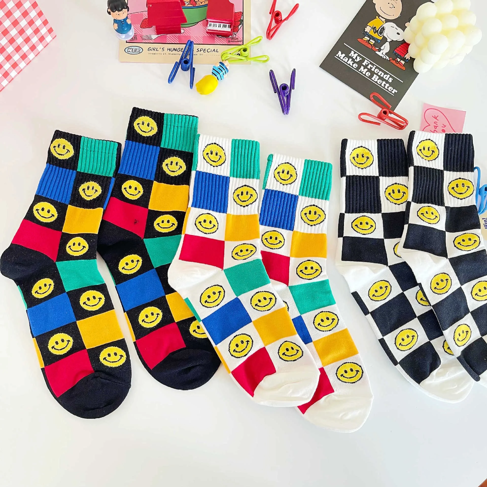 1pair Cotton Fashion Hip Hop Man woman unisex Socks Harajuku youth girl lady plaid Skating checkerboard Happy Socks Funny Sokken