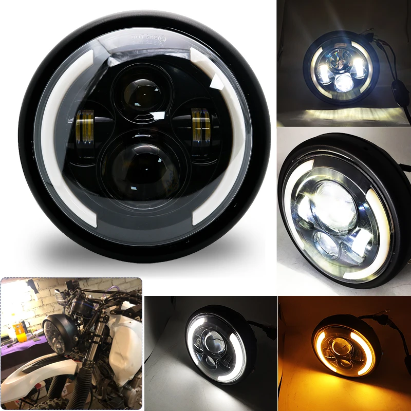 Universal 7.5 inch LED Retro Bucket Motorcycle Modified Headlight Hi/Lo Beam DRL and Matte Black Headlight Housing With Bracket