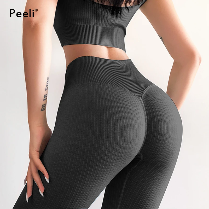 Prążkowane bezszwowe legginsy sportowe damskie wysokiej talii legginsy gimnastyczne kontrola brzucha spodnie jogi kobieta Booty Lift legginsy treningowe rajstopy