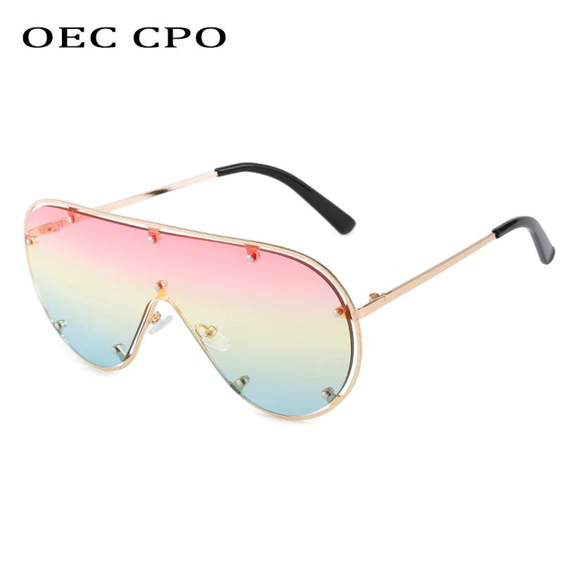 OEC CPO Oversized Rimless Sunglasses Women Fashion Rivets One Piece Lens Sun Glasses Female Vintage Shades Goggles Eyewear UV400