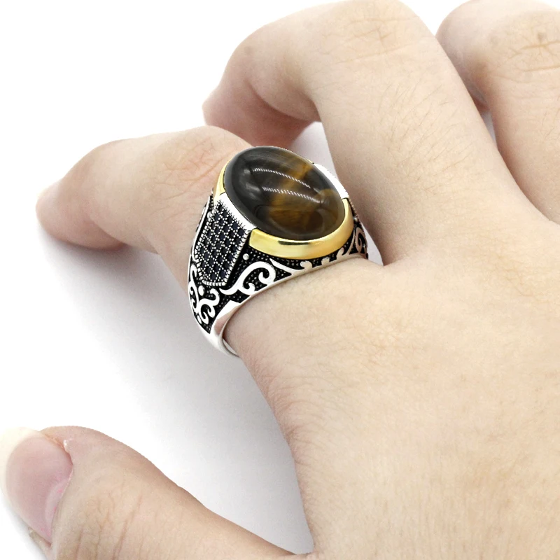 Genuine sterling silver antique Turkish ring with stone tiger eye men\'s colorful punk rock jewelry