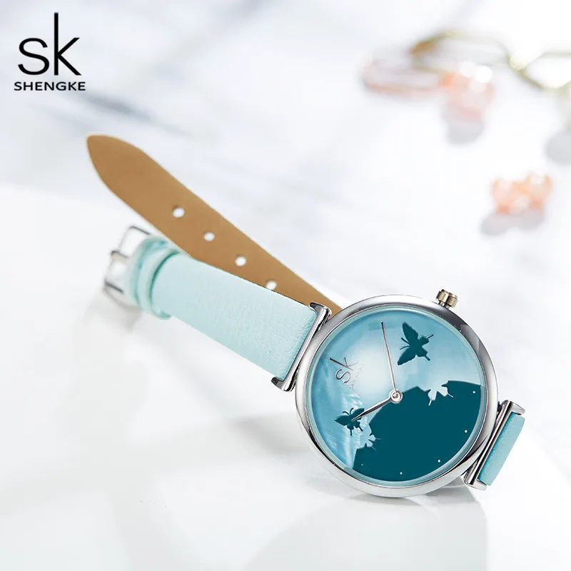 Shengke SK Female Watches Women Watch Romantic Rural Dial Leather Watchband Lady Clock Casual Quartz Wristwatch  Montre Femme