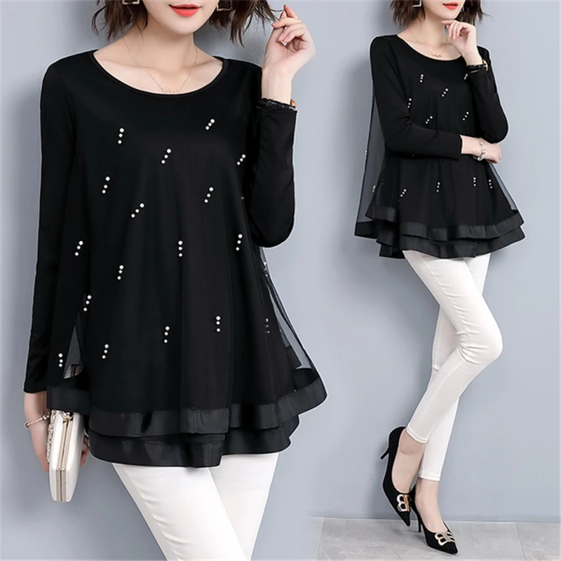 Womens tops and blouses 2024 autumn embroidery floral lace Chiffon blouse femme Oversized black long sleeve shirts camisas mujer