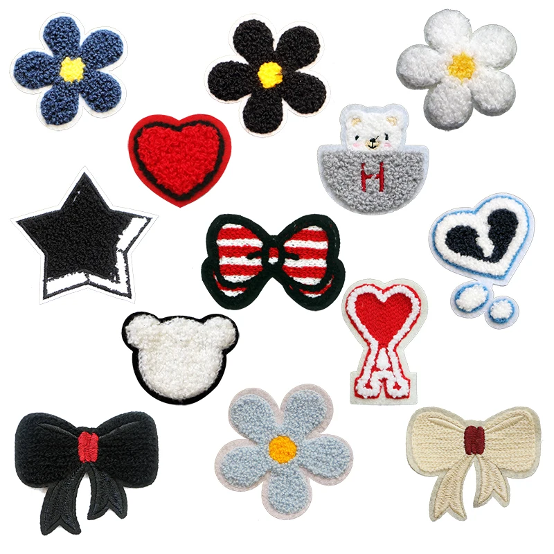 2pcs Lovely Towel Chenille Color Heart Bear Star Bow Embroidery Sewing Patch Stripe Badge DIY Clothes T-shirt Pants Backpack Hat