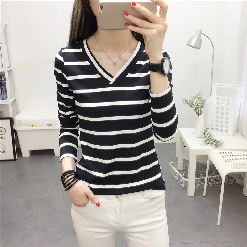 Long Sleeve Fashion Black And White Striped Women T Shirts 2023 New Spring Casual Tops Pullover T-shirt O-neck Korean Shirt