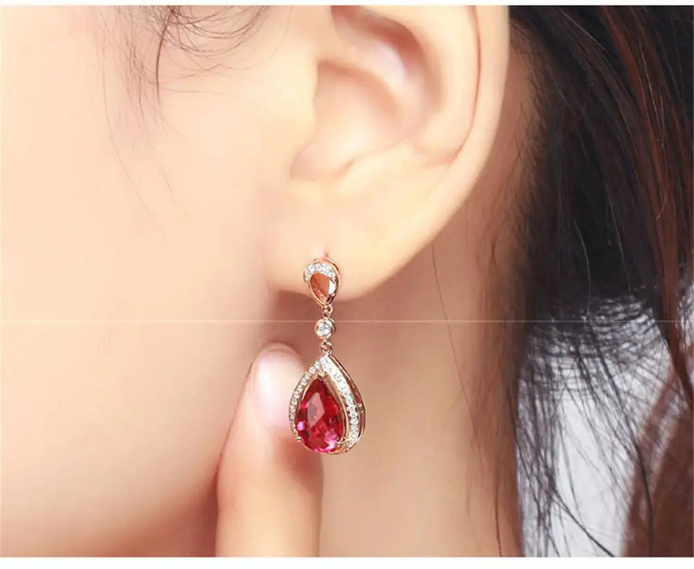 18K Rose Goud Kleur Ruby Edelstenen Zirkoon Diamond Dangle Drop Oorbellen Voor Vrouwen Luxe Sieraden Party Bijoux Crystal Pendientes