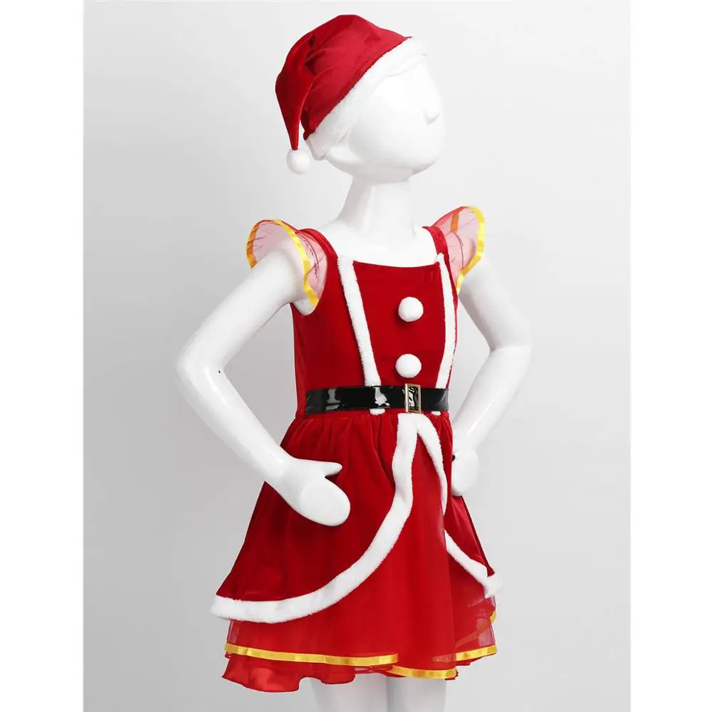 Children Girls Santa Claus Christmas Dance Costume Soft Velvet Girl Princess Mesh Tutu Party Dress with Hat Kids Xmas Outfits