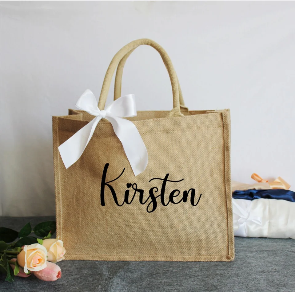 Burlap Tote Bags Personalized Bridesmaid Gift Bag Custom Name Bachelorette Party Beach Jute Bag Mother of Bride Wedding Favors g