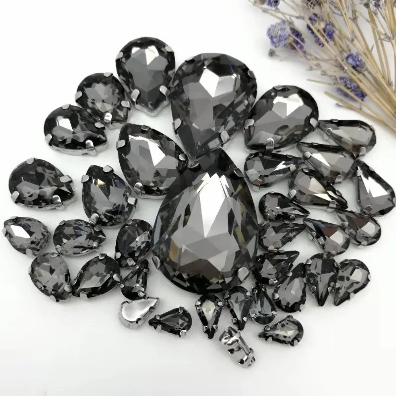 30Pcs7 Mixed Size Gray Water Drop Glass Crystal Seam Rhinestone With Silver Claw DIY Wedding Dress / Garment Accessories