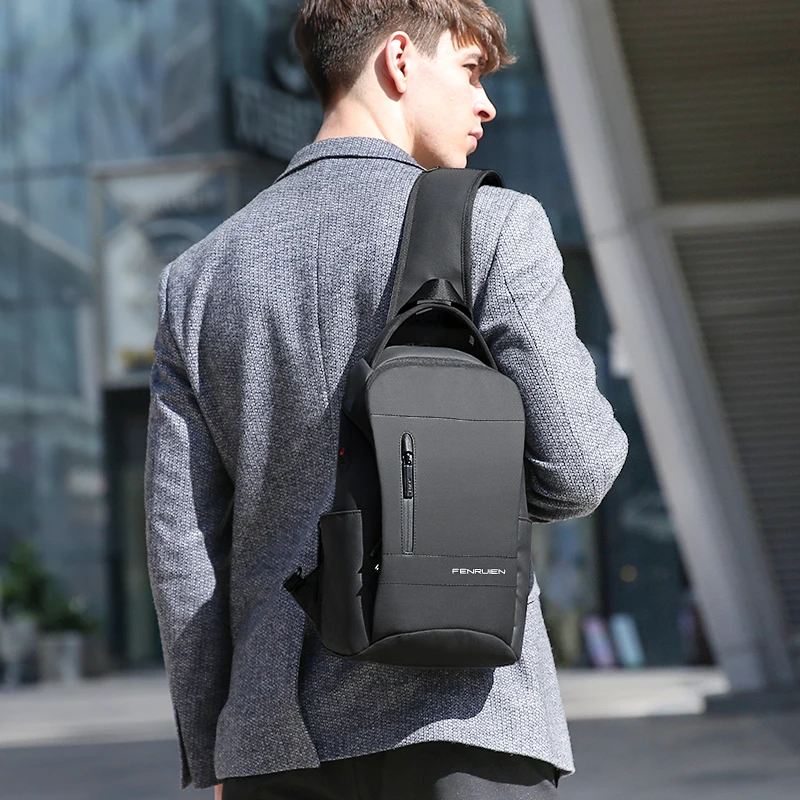 Fenruien Multifunction Crossbody Bags Men USB Charging Chest Pack Short Trip Messengers Chest Bag Water Repellent Shoulder Bag