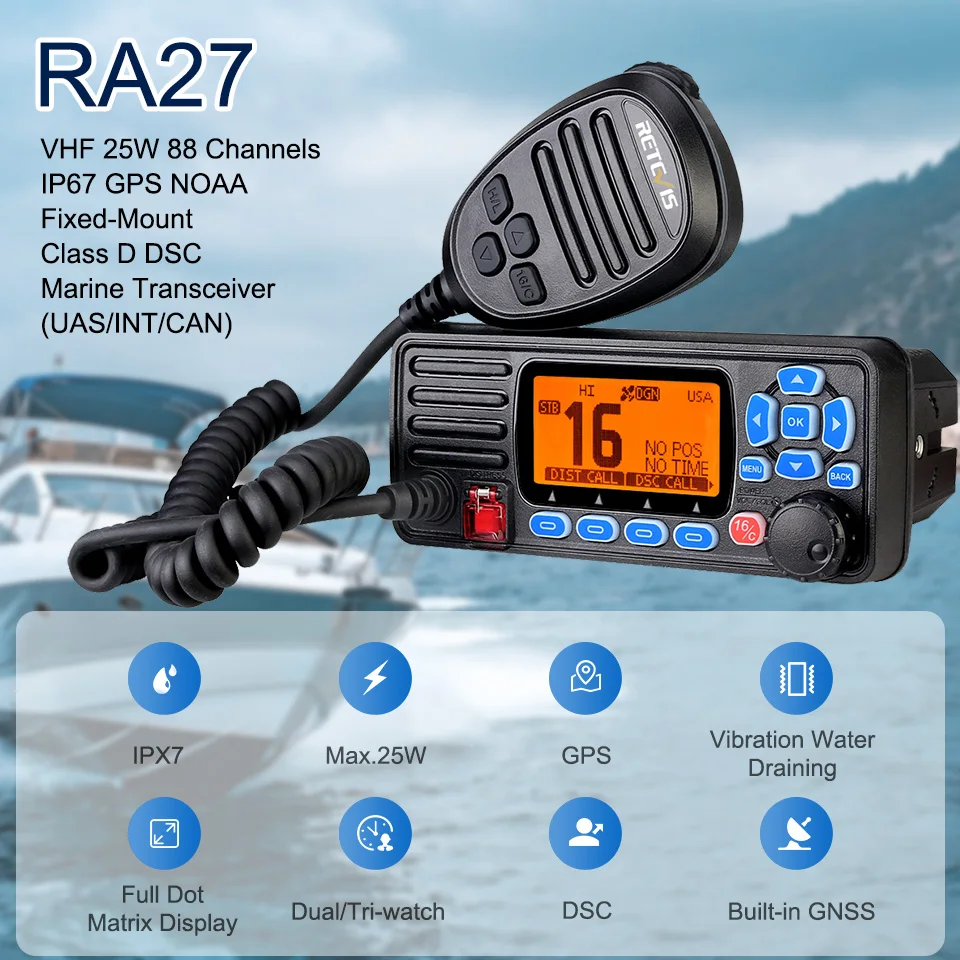 

Retevis RA27 VHF Marine Radio Transceiver 25W IP67 Waterproof GPS NOAA Fixed-Mount Class D DSC Marine Transceiver (USA/INT/CAN)