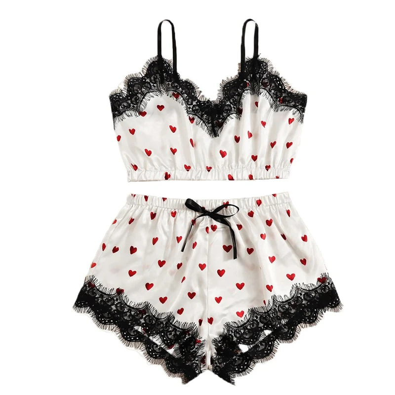 New Sexy Lingerie Pajamas For Women Home Clothes Nightie V-Neck Love Heart Print Lace Satin Bowknot Shorts Set