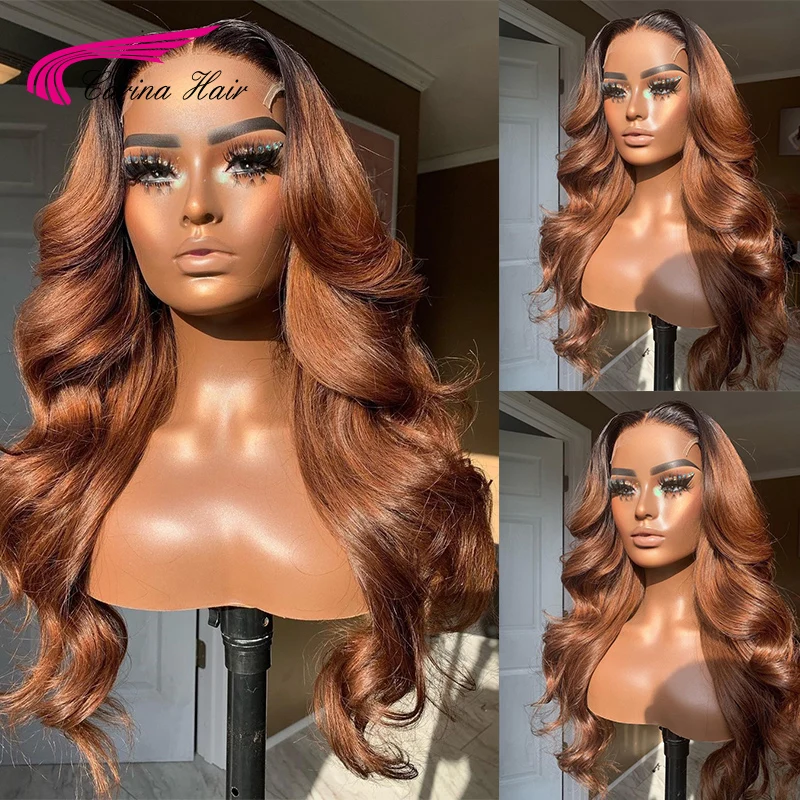 

Ombre Brown Color Body Wave Wig Lace Frontal Remy Human Hair Wigs 180% Preplucked Colored Brazilian Remy Hair Wig For Women