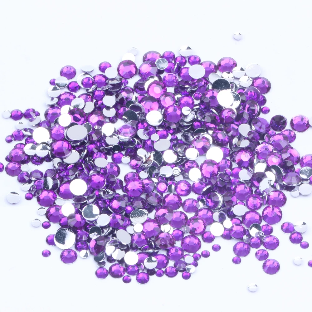 Violet Color Non Hotfix Resin Rhinestones 2-6mm Round Flatback Imitation Facets Chatons Use Glue DIY 3D Nails Art Phone