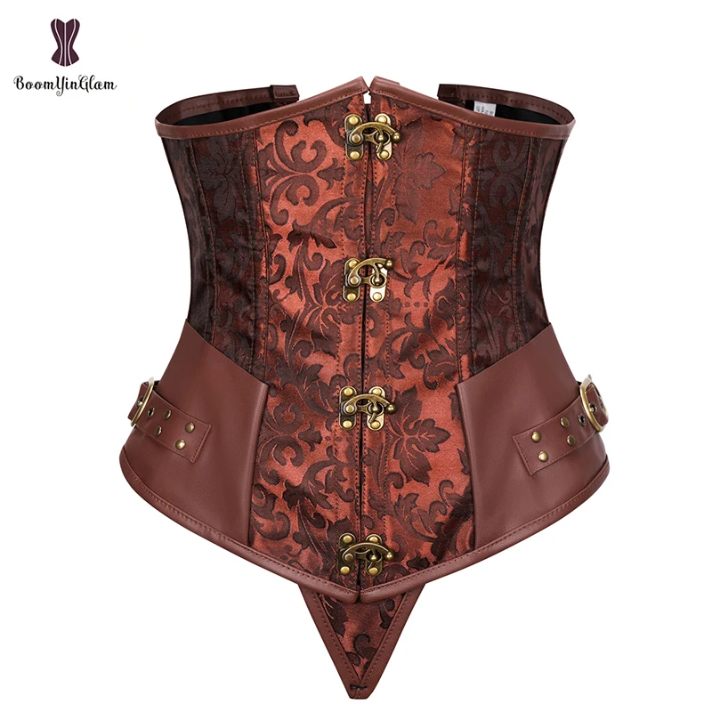 Women's Steampunk Vintage Faux Leather Spiral Steel Bone Underbust Corset Plus Size S To 6XL