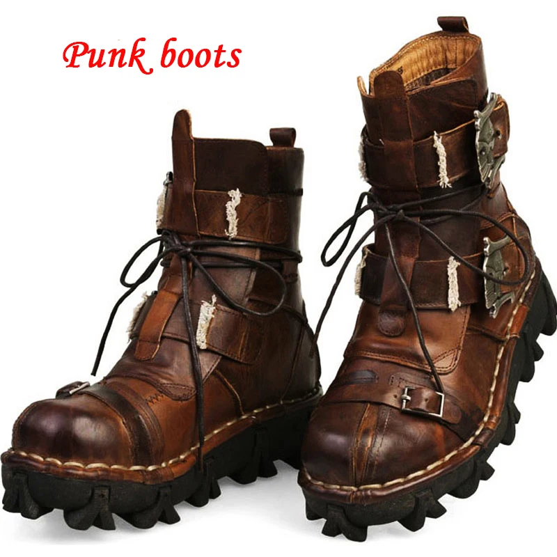 Men\'s Genuine Leather Motorcycle Boots Platform Goth Combat Boots Skull Punk Mid-Calf Boots Winter