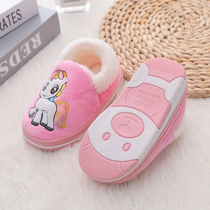 Cute Cartoon Unicorn Children Plush Slippers Soft Sole Non-slip Winter Warm Baby Boys Girls Indoor Home Heel Wrap Cotton Shoes