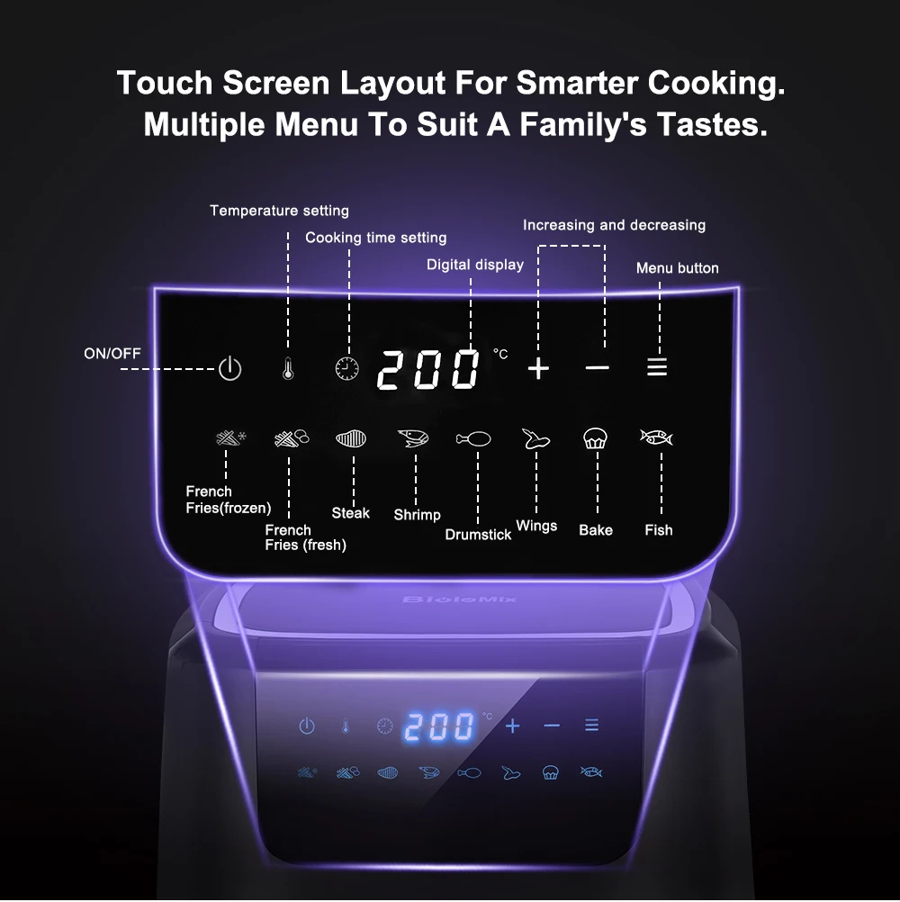 Biolomix Lucht Friteuse Een Touch Screen Met 8 Koken Functies, Anti-aanbak Dubbele Pot, 5L Zwart Oilless Air Friteuses Oven