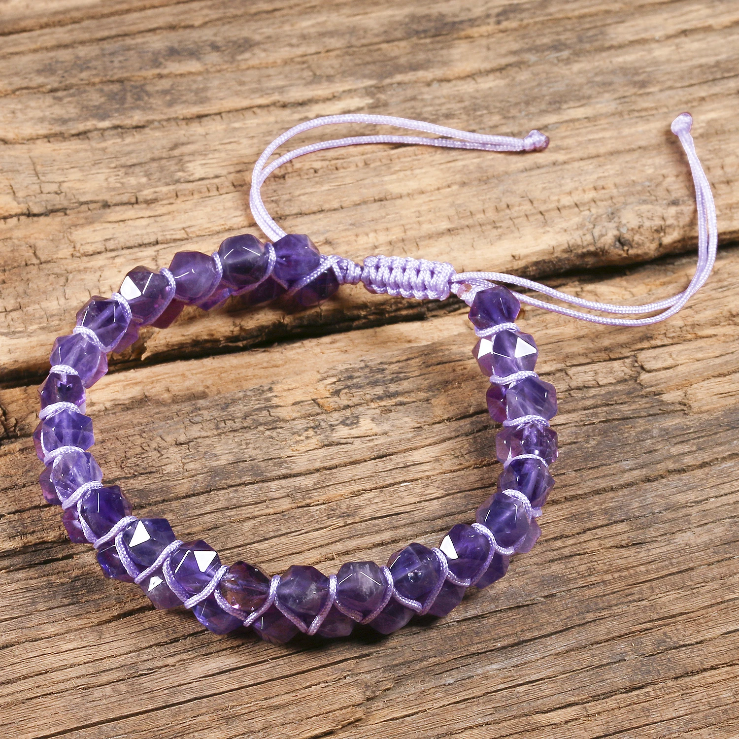 Friendship 6mm Natural Purple Amethyst Faceted Stone Wrap Bracelets Women Braided Yoga Bangle Bohemian Hand-woven Jewellery