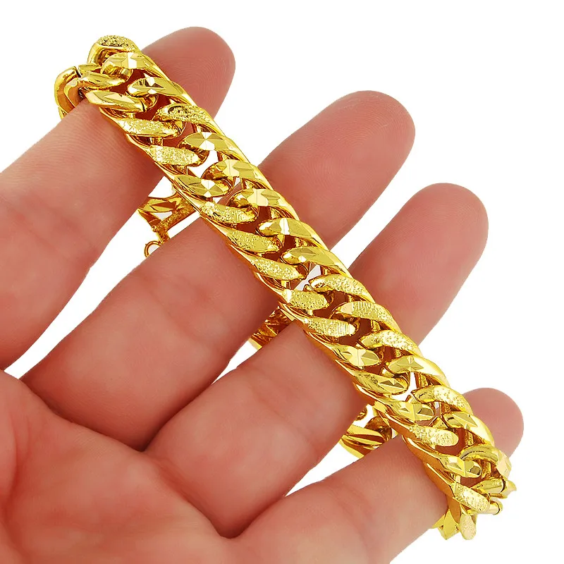 High Quality 24k Yellow Gold Color Classic 9.5mm Frosted Link Chain Bracelets Women Men Fashion Hand Chain Bracelet