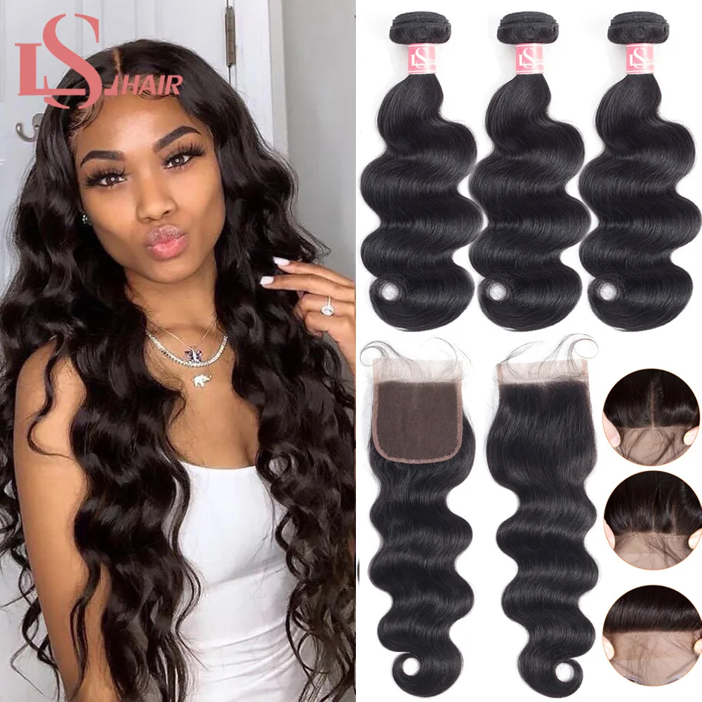 

LS HAIR Brazilian Hair Weave Bundles With Closure Body Wave 3/4 Bundles With 4x4 Lace Closure Natural Human Hair Extensions