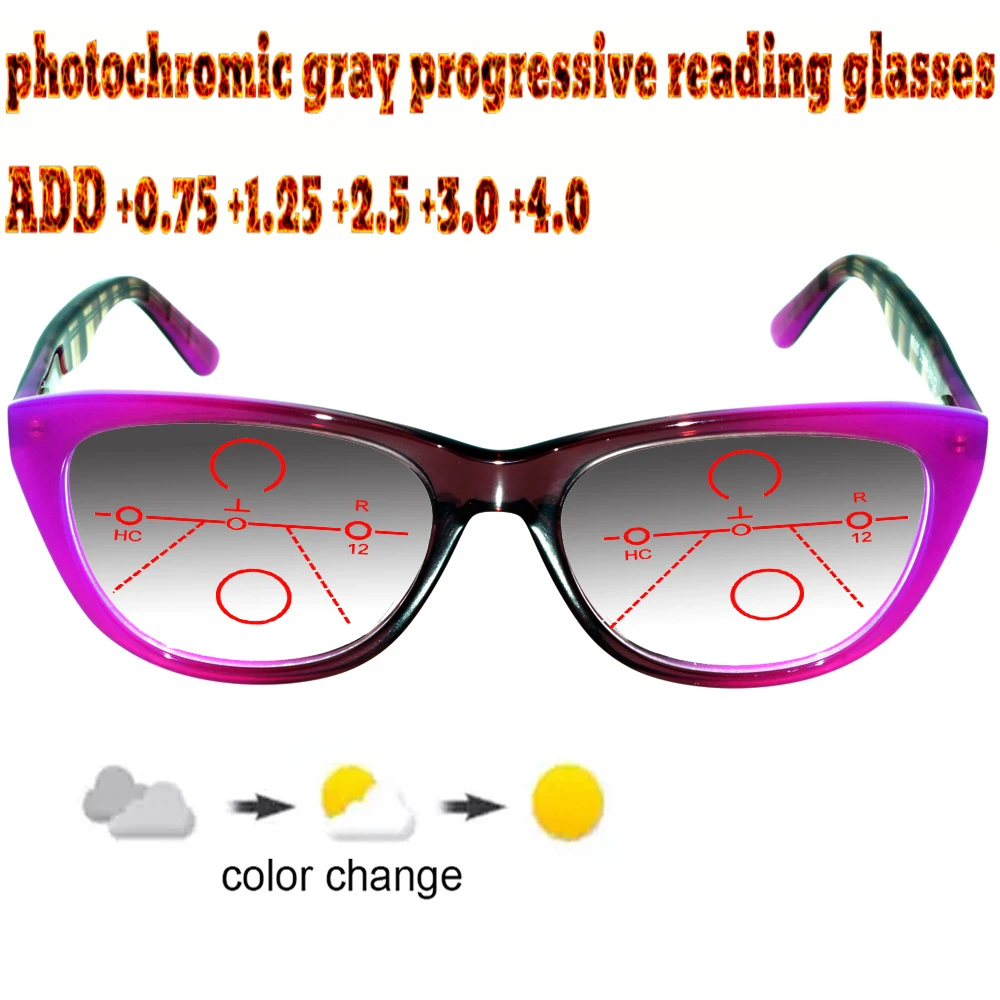 

Photochromic Gray Progressive Multifocal Reading Glasses Women ladies Ultralight violet Frame+1 +1.5 +1.75 +2.0 +2.5 +3 +3.5 +4