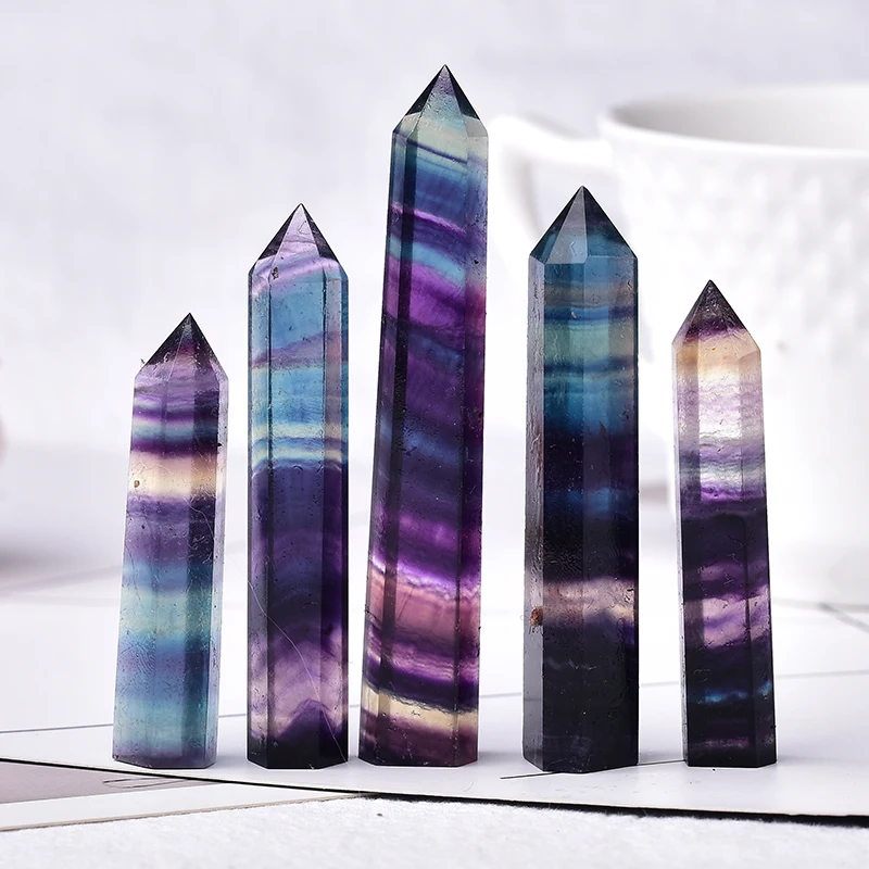 

1PC Natural Crystal Colored Fluorite Point Healing Stone Hexagonal Prisms 40-80mm Reiki Obelisk Wand Home Decoration DIY Gift