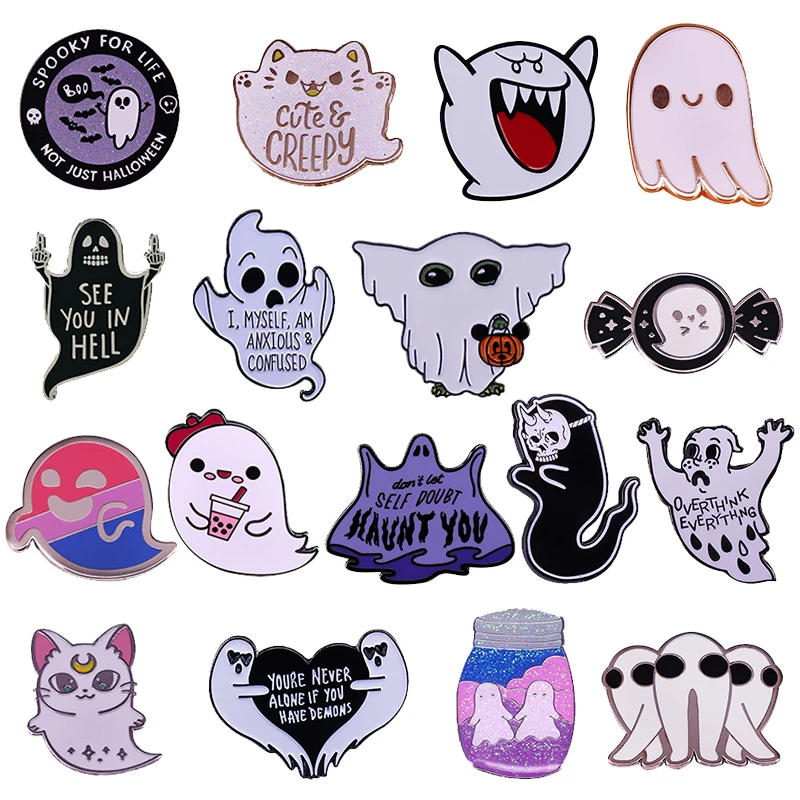 Scary Ghost Pin Boba Ghosts Creepy Cat BOO Brooch Gothic Halloween apparition haunt phantom spook wraith poltergeist Badge