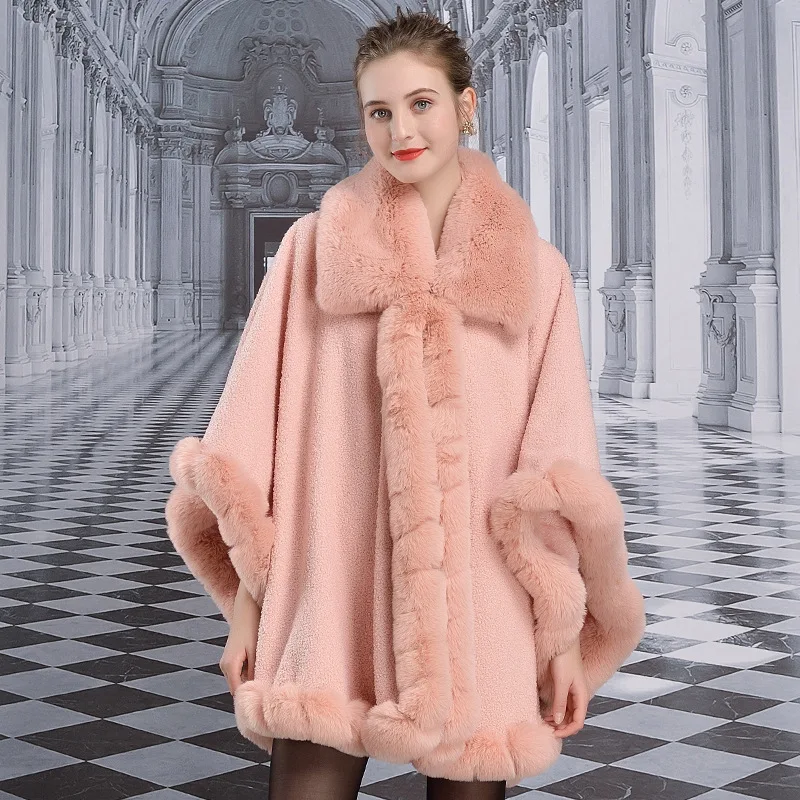 Noble Luxury Faux Rex Rabbit Fur Coat Cape Thick Soft Double-sides Imitated Lamb Wool Overcoat Wide Lapel Women Winter Cloak Big