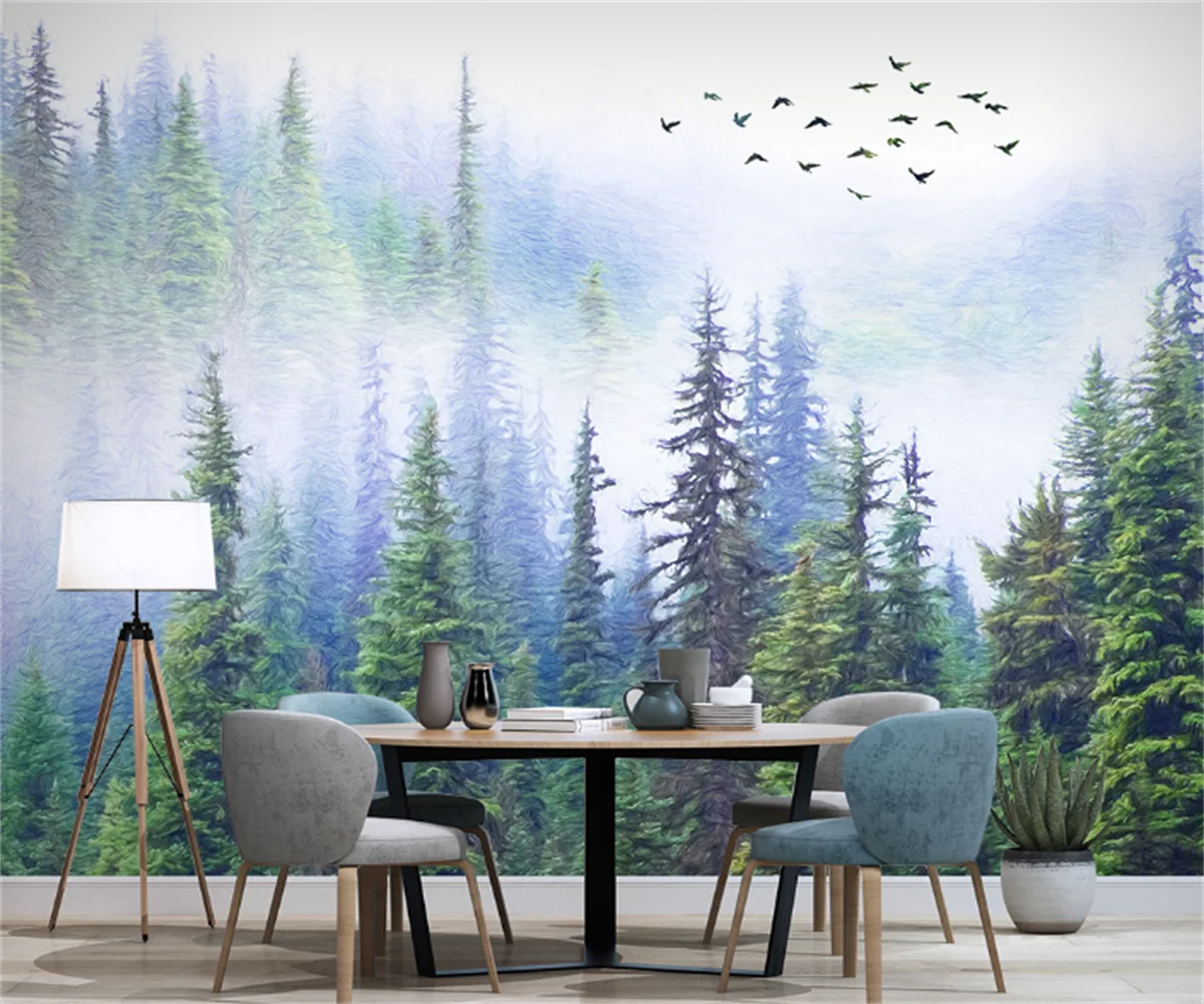 

Professional custom new Chinese cloud pine forest flying bird Zen TV background wall mural wallpa papierper with wall stickers