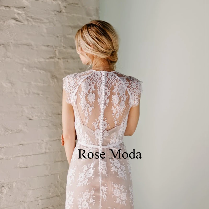 Rose Moda Cap Sleeves Chantilly Lace Hi Lo Boho Wedding Dress Destination Bridal Gown Custom Make