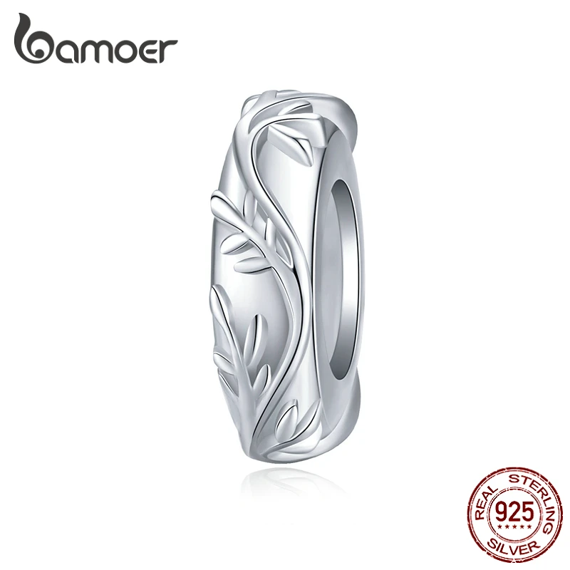 bamoer Elegant Vine Leaf Stopper Charm with Silicone for 3mm Snake Bracelet or Bangle Sterling Silver 925 DIY Jewelry BSC142