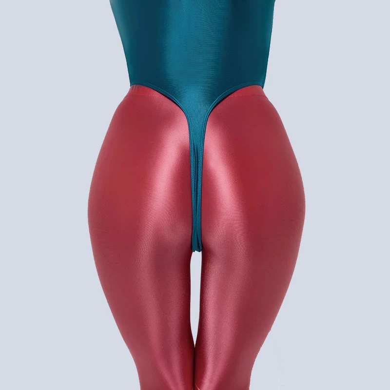 Shiny Satin Glossy Sexy High Fork Body Suits Thong Swim Wear Women\'s Shiny Tight Silky Smooth T-shape Fitness One-piece Swimsuit