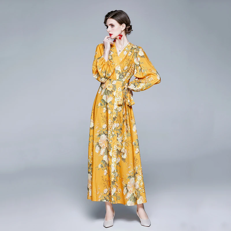 ZUOMAN Nữ Thanh Lịch Váy Đầm Hoa Festa Chất Lượng Cao Maxi Vintage Đảng Áo Dây Femme Cổ Chữ V Thiết Kế Màu Vàng Vestidos