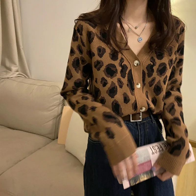 Outono casual simples oversized malha casaco feminino cardigan camisola de manga longa leopardo impresso jumper inverno camisola cardigan