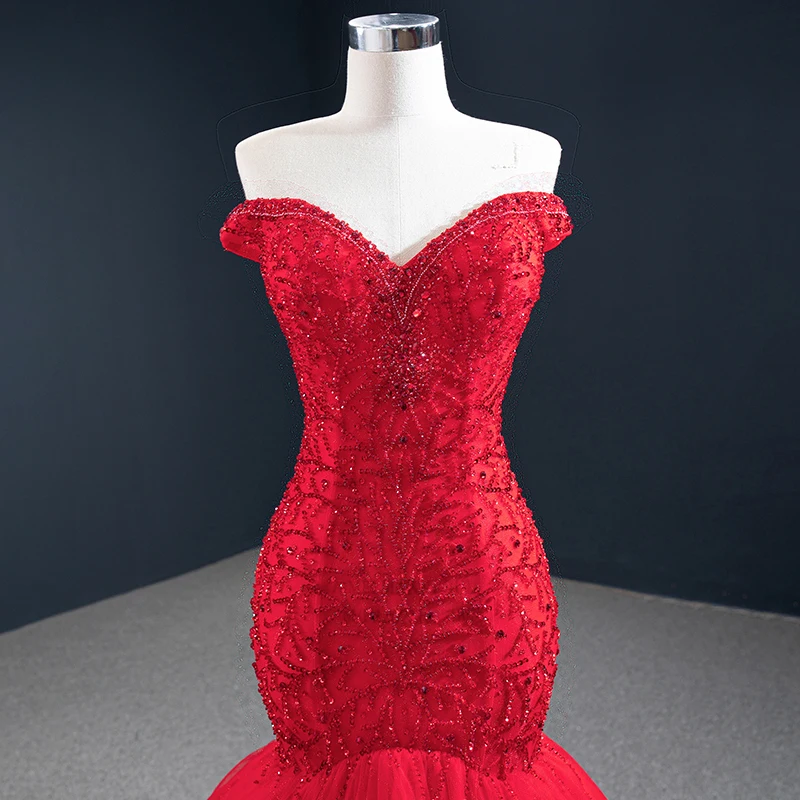 Robe de soirée de forme sirène rouge, Sexy, col en cœur, épaules dénudées, paillettes, perlage, J67150