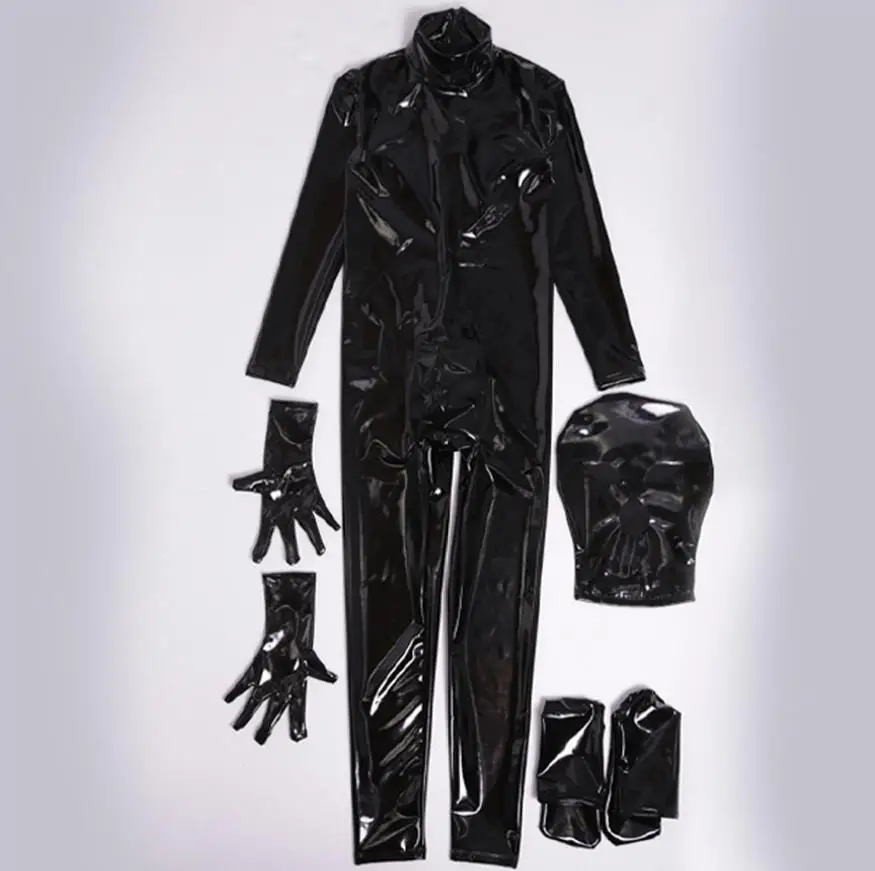 Men Sexy Costume Set Black Red Faux Leather Glossy Shiny Full Set Stage Performance