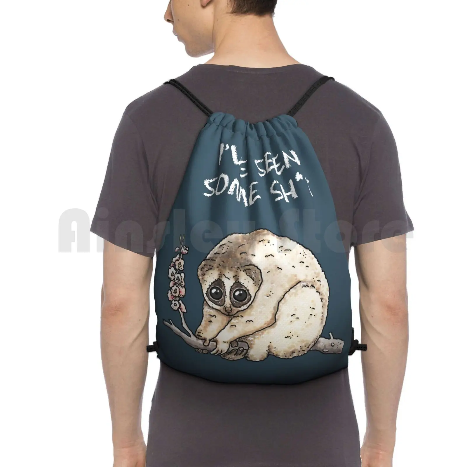 Slow Loris-Animal Series Backpack Drawstring Bags Gym Bag Waterproof Slow Loris Lori Primate Eyes Flowers Enjoy Animal