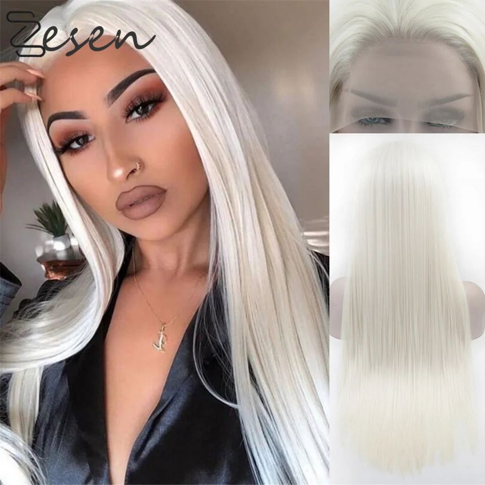 Zesen Long Silky Straight Synthetic Lace Front Wig 13x4 White Natural Middle Part Hair Heat Resistant Fiber For Black/White Wome