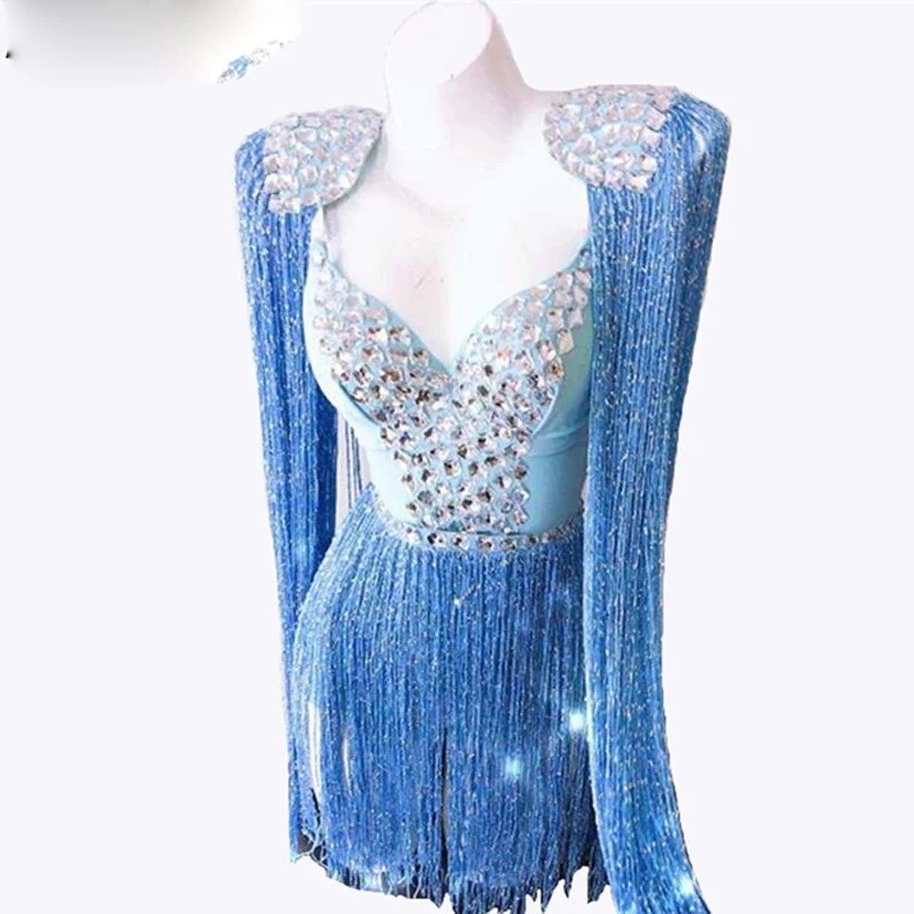 DJ Singer Nightclub Costume Rhinestones Pink Blue Singer Bodysuit Tassels Catsuit Women Stage Wear