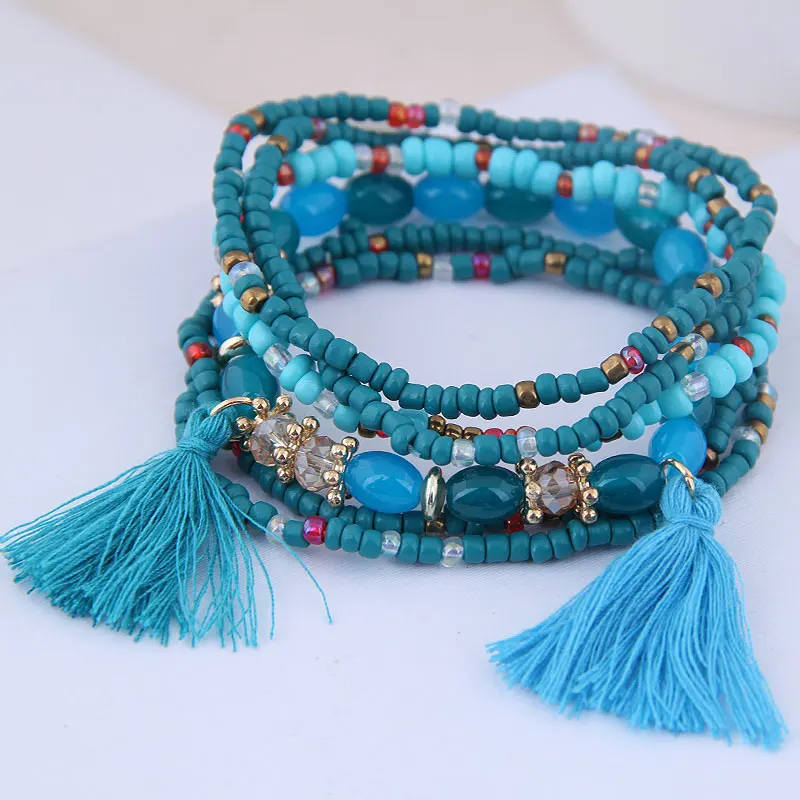 6pcs Bohemian Tassel Charm Multicolors Beads Bracelets Set Women Layers Stone Wristband Bracelet Bangles Factory price