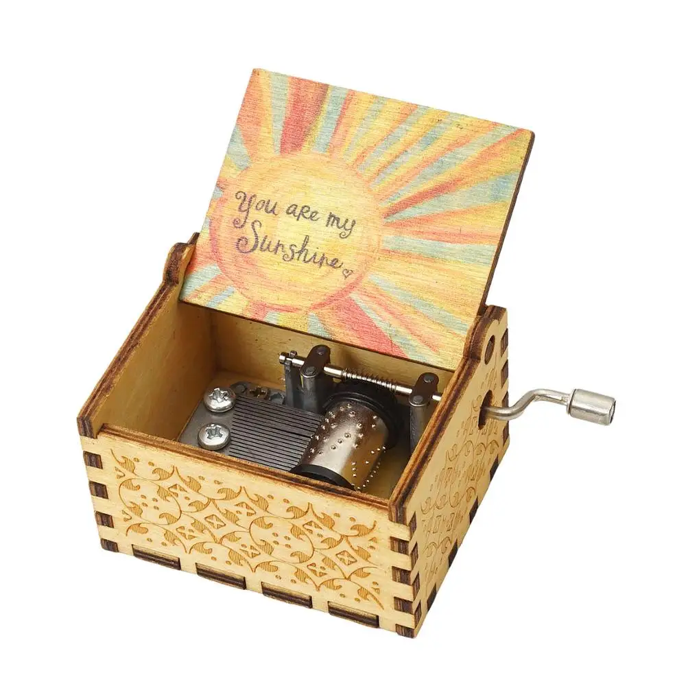 You are My Sunshine Wood Music Box,Hand Cranked Laser Engraved Vintage Musical Box Case Gifts for Birthday/Christmas/Valentine