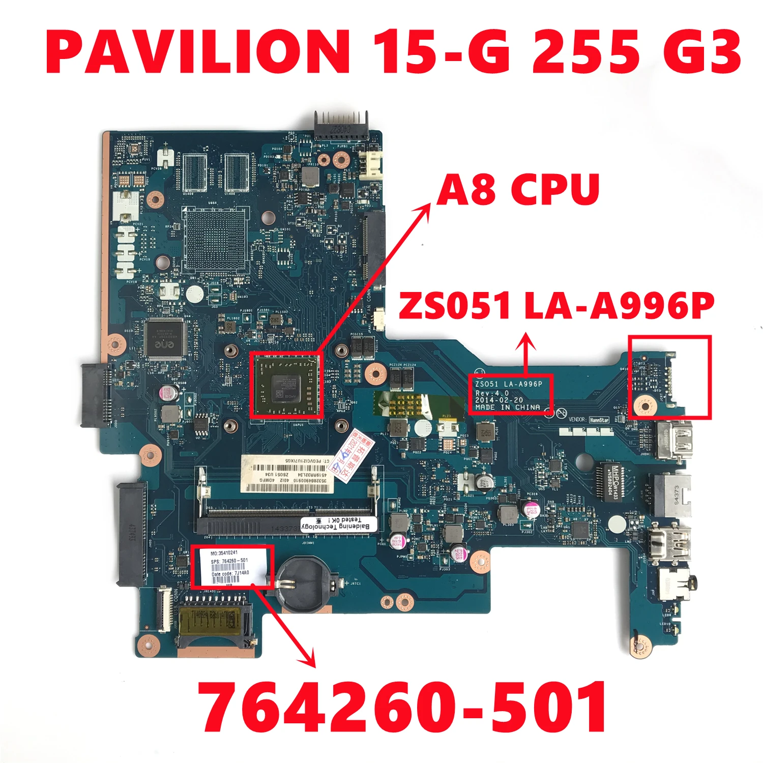 764260-501 764260-601 764260-001 Dành Cho Laptop HP PAVILION 15-G 255 G3 Laptop Bo Mạch Chủ ZS051 LA-A996P Với AMD A8 CPU DDR3 100% Được Kiểm Tra