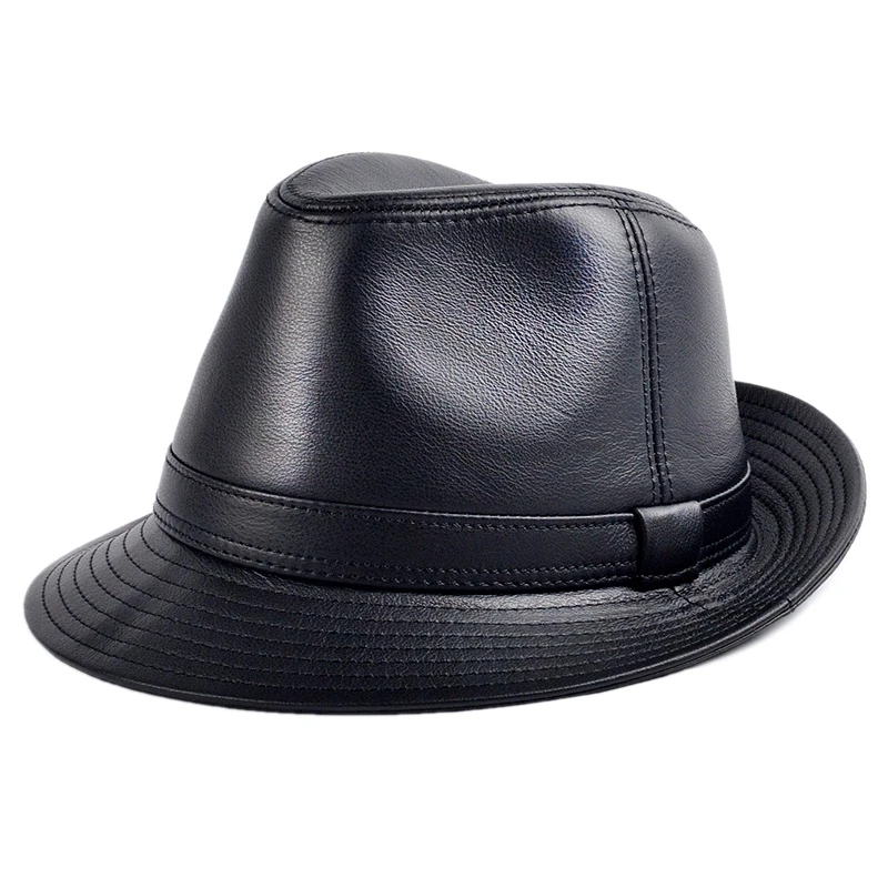 Man High Quality Genuine Leather Jazz Fedora Gentleman Cow Skin Short Brim Black/Brown Hip Pop Fitted Top Hat Male Shows Topper