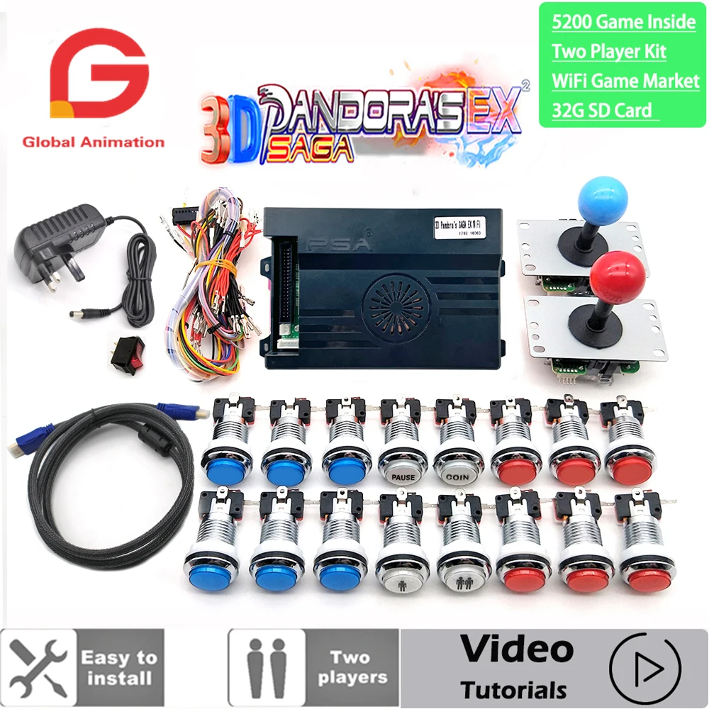 WiFi Market 2 Player 5200 In 1 Pandora Saga 14 Kit Copy SANWA Joystick, Tombol Tekan LED Krom DIY Mesin Arcade Kabinet Rumah