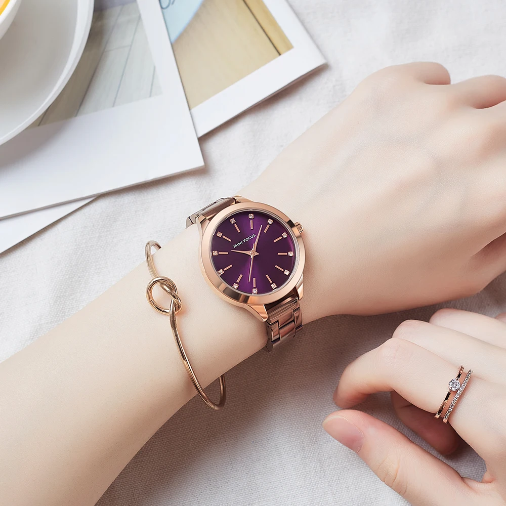 MINI FOCUS Fashion Quartz Watches for Women 2020 Luxury Rose Gold Purple Waterproof Wristwatch Lady Simple Elegant Watch 0367