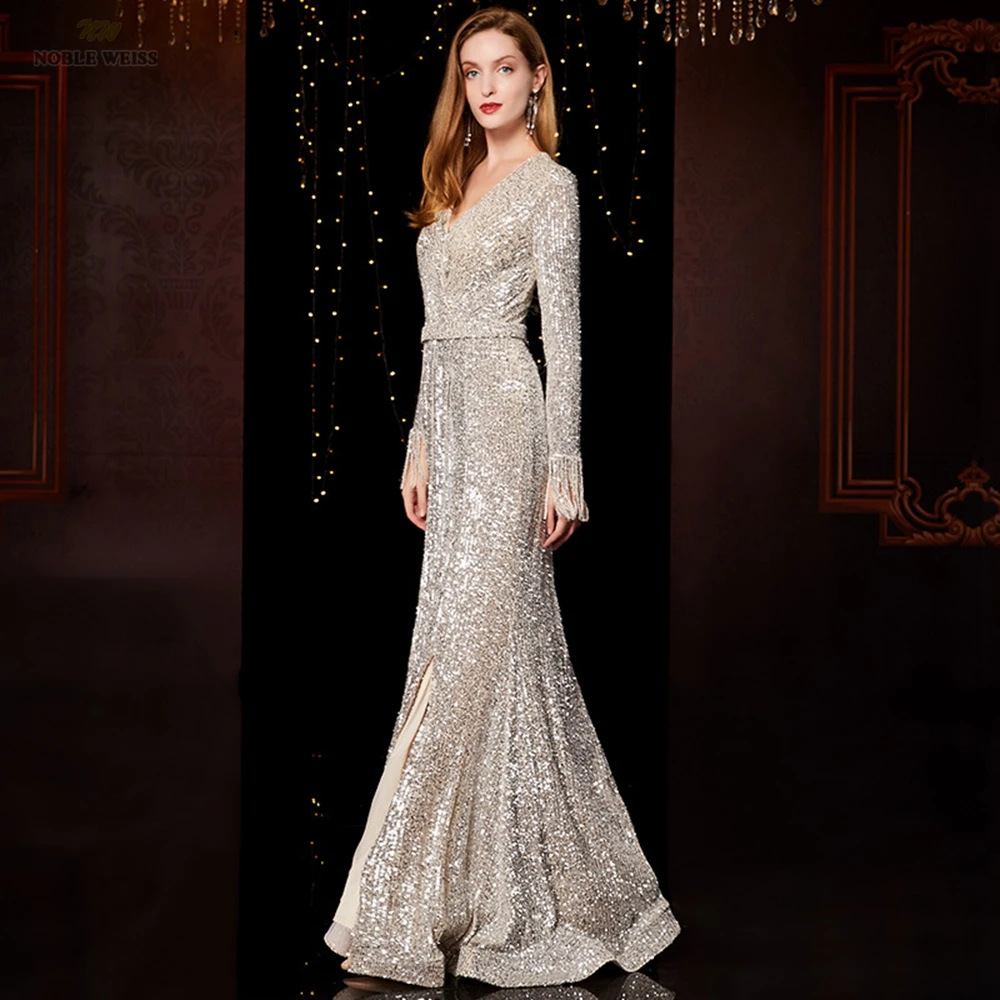 Robe de Soirée à Col en V pour Femme, Tenue de Bal de Forme Sirène à Paillettes, Longueur au Sol, Personnalisée