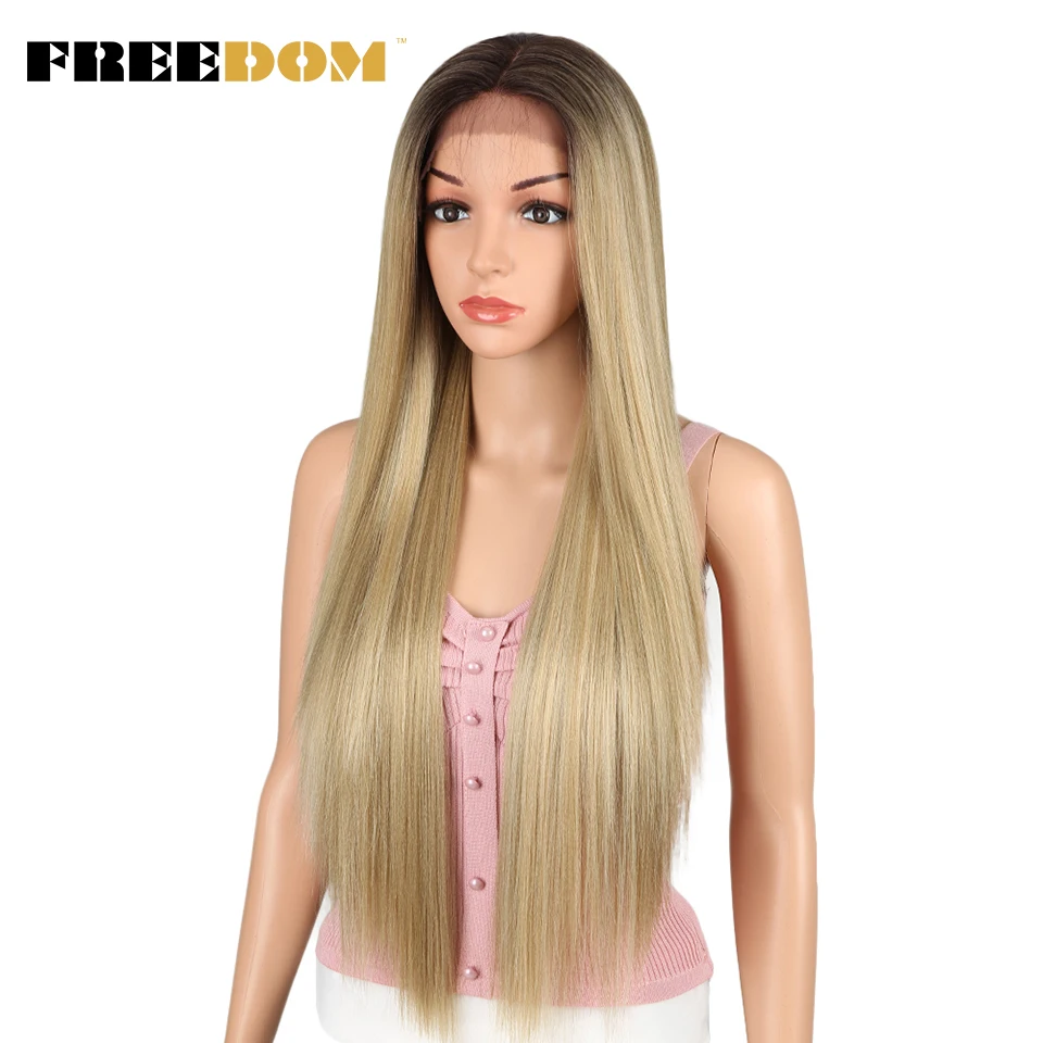 FREEDOM Synthetic Lace Front Wigs For Black Women 32inch Long Straight Wigs Ombre Blond Cosplay Wig Free Part Synthetic Lace Wig