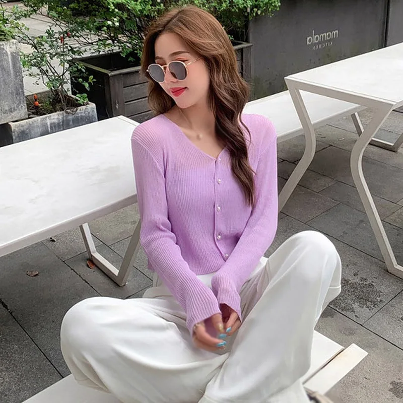 Women V Neck Thin Shirts Sun Protection Button Up Knitted Long Sleeve Summer Cardigan Tops Causal Short Tops